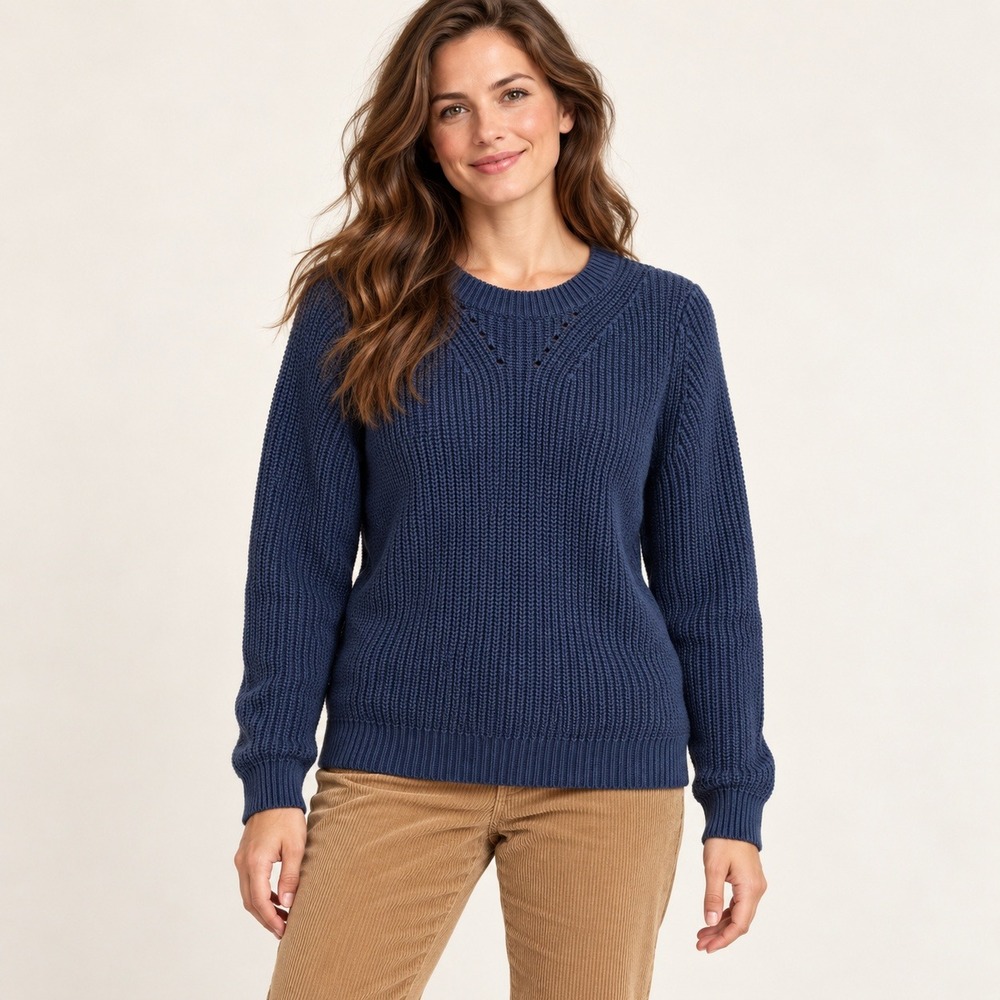 Appleseeds Womens Small Navy Blue Ribbed Knit Fisherman Sweater Coastal Preppy